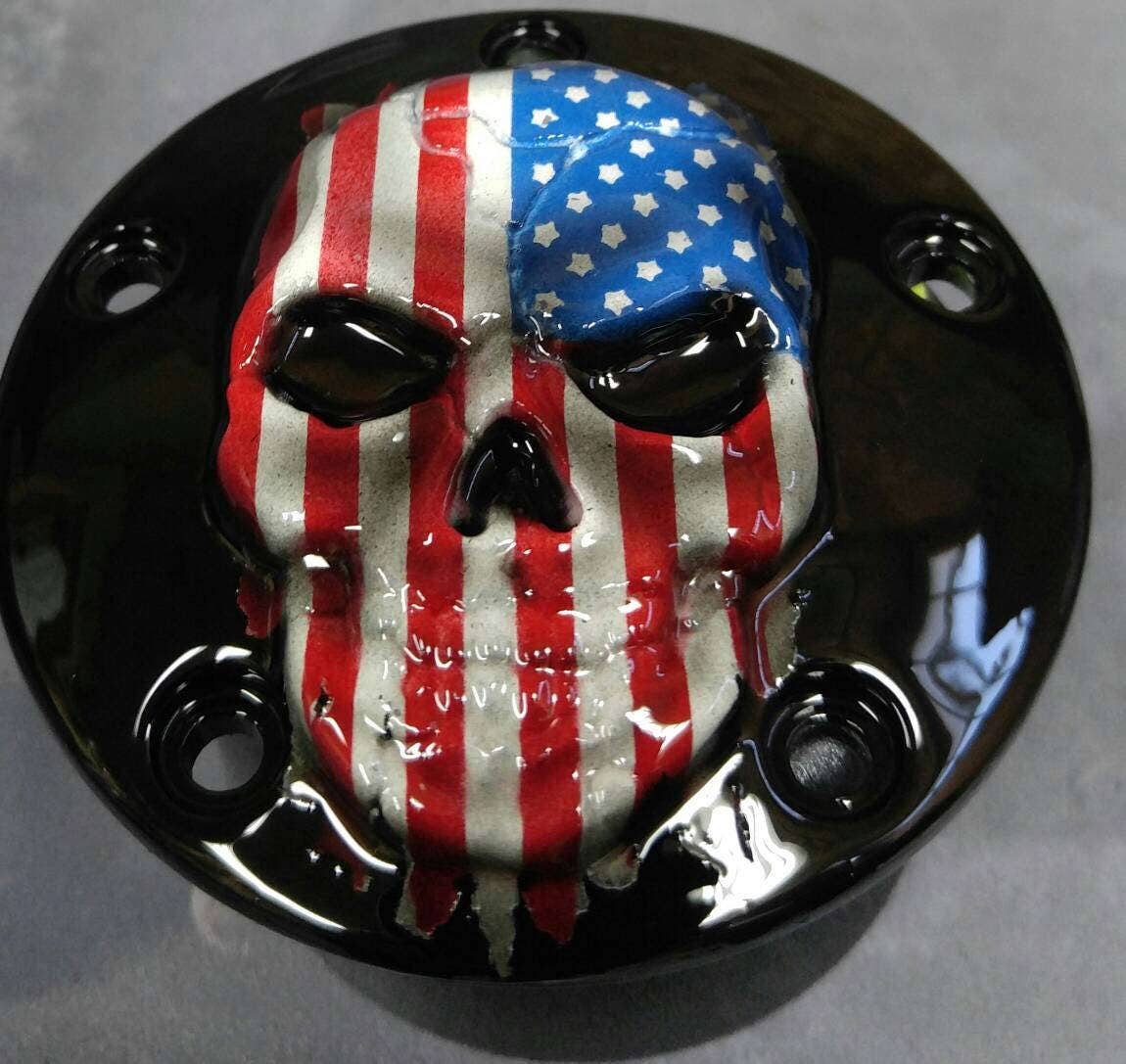 Harley Davidson points timing and Derby clutch cover with 3D skull with a tattered American flag