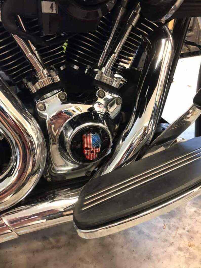 Harley Davidson Points Timing And Derby Clutch Cover With 3D Skull With A Tattered American Flag