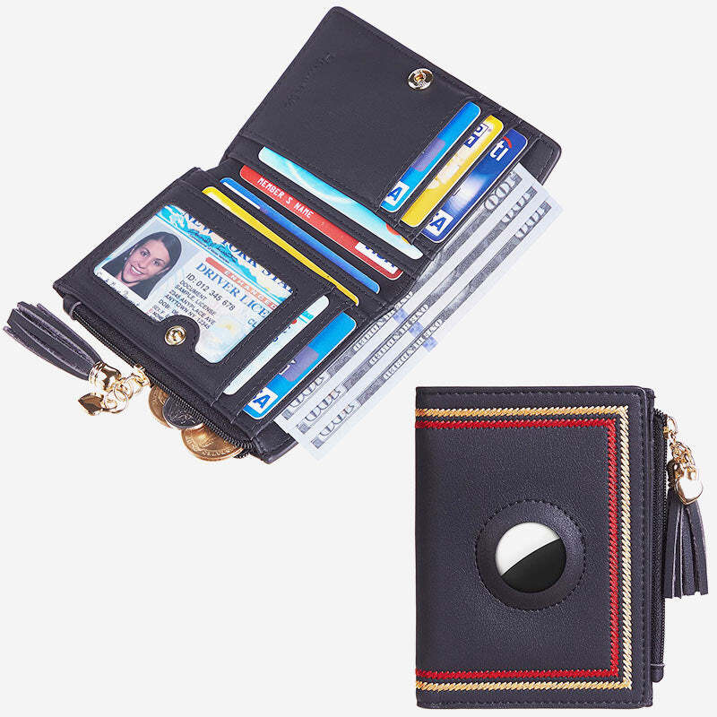 Women Leather Wallet Tassel Bifold Wallet Embroidery Card Holder with AirTag Holder