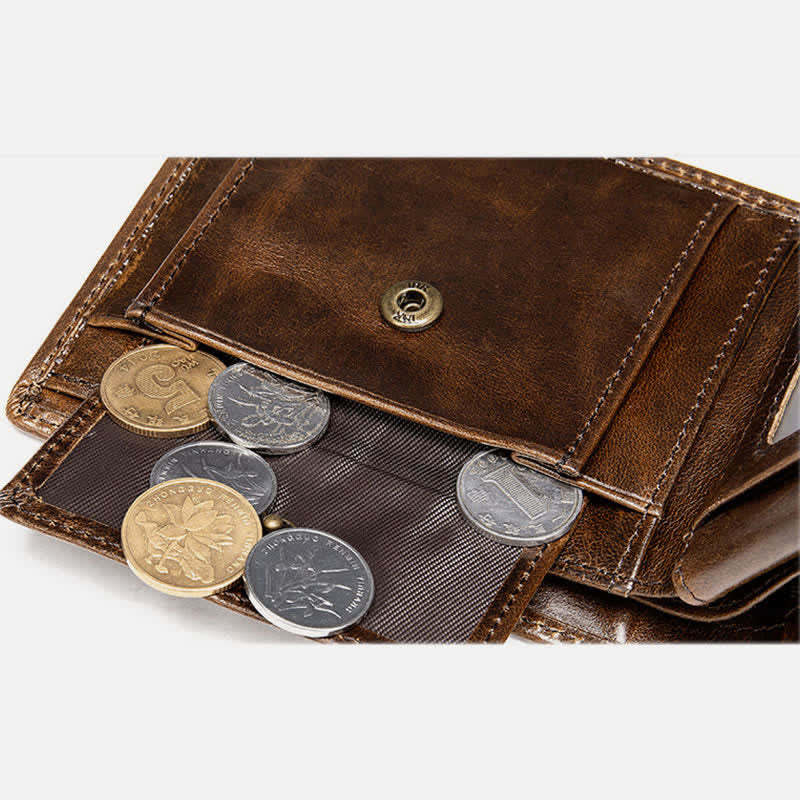 Men's Genuine Leather RFID Blocking Bifold Filp Wallet with ID Window