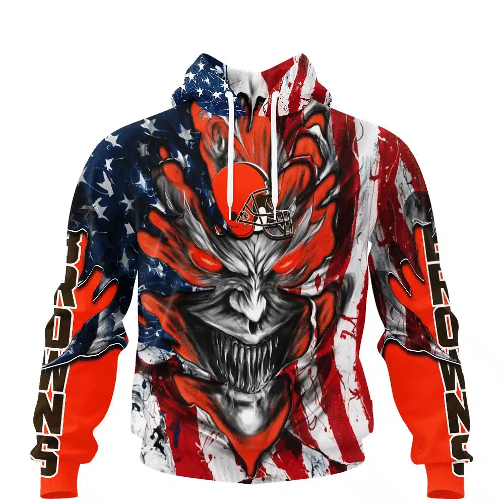 CLEVELAND BROWNS DEMON FACE AMERICAN FLAG-3D UNISEX HOODIE