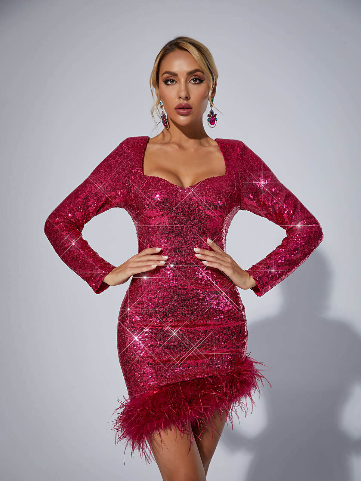 Daria Sequin Feather Mini Dress In Hot Pink