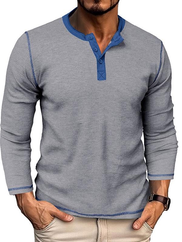 Men's Cotton Basic Stretch Henley Solid Color Long Sleeve Top