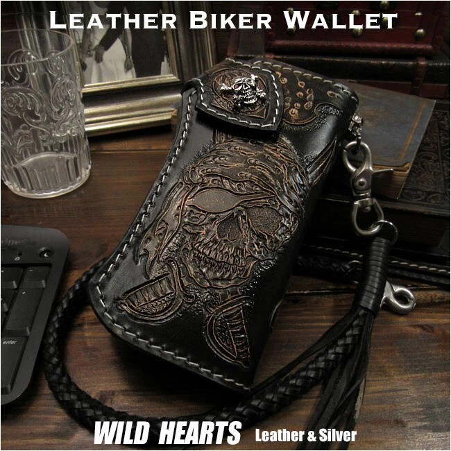 Hand Pirate/Skull Carved Leather Wallet Biker Wallet