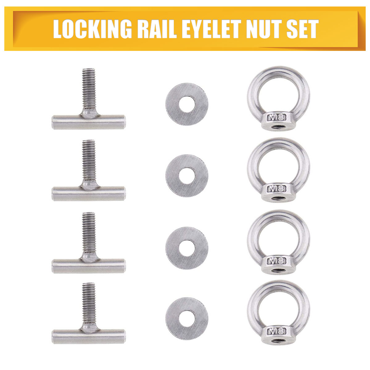 4PCS Locking Rail Eyelet Nut Set, 4xT-screw + 4xGasket + 4xM8 eye nut