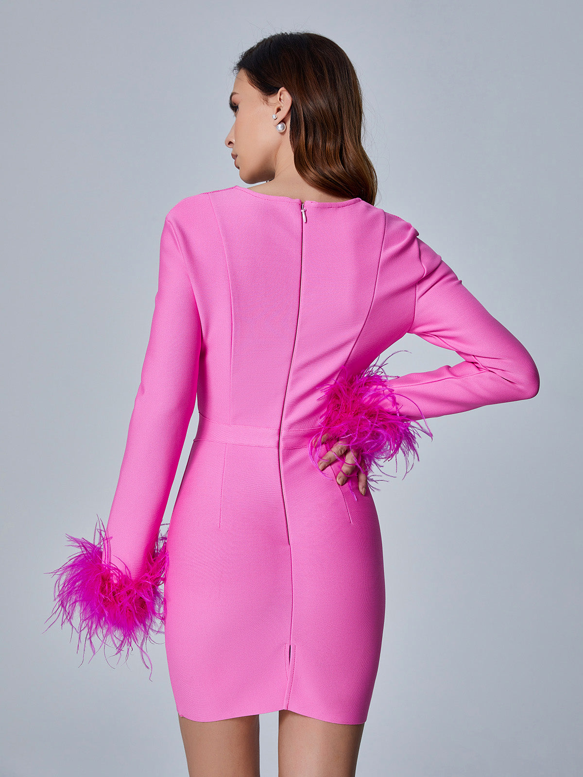 Nixie Long Sleeve Feather Bandage Dress In Hot Pink