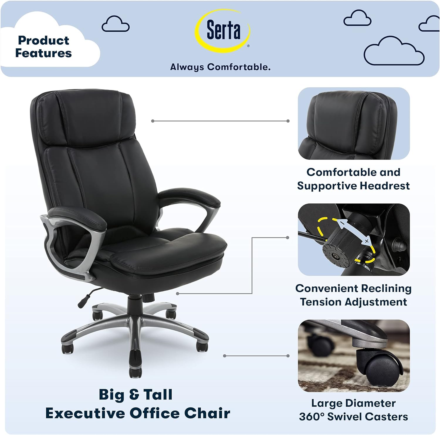 Serta Fairbanks Big and Tall High Back Executive Office Ergonomic Gaming Computer Chair