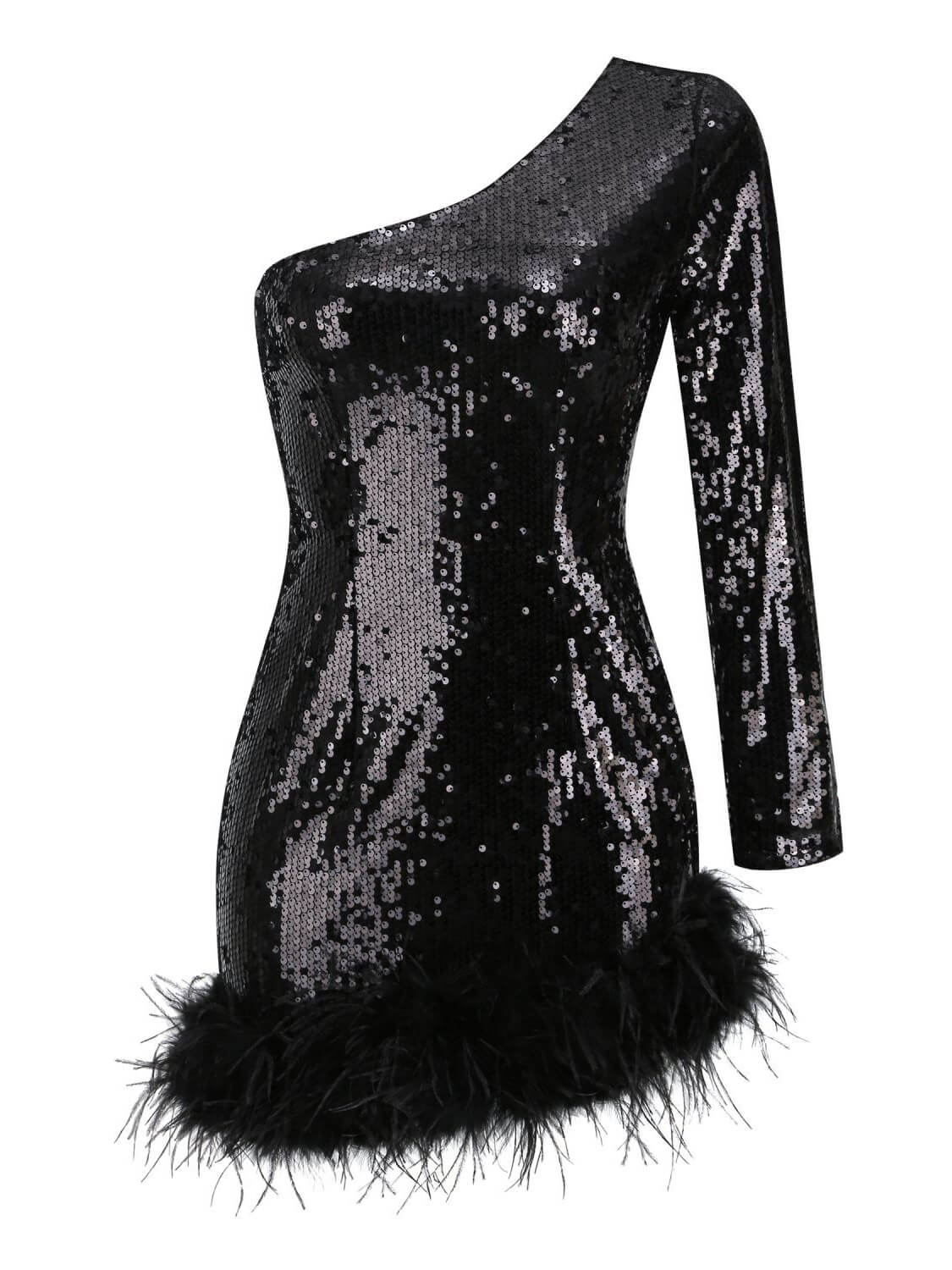 Romy One Shoulder Sequin Feather Mini Dress