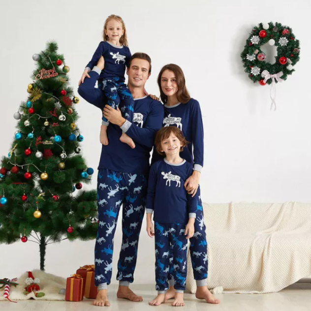 Christmas Family Matching Pajamas Prints Blue Elk Navy Family Pajamas Sets