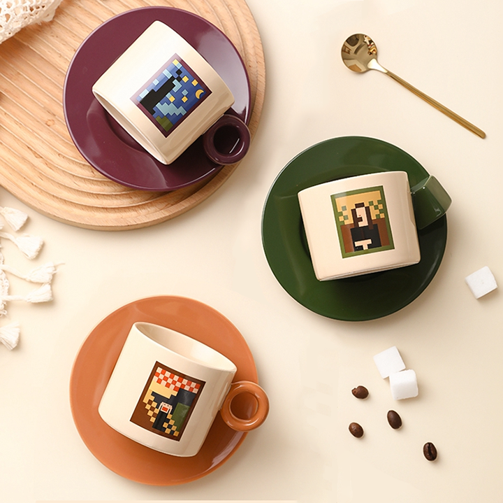 Pixel Painting Literary Morandi Coffee Mug - Retro & Creative Ceramic Cup And Saucer With Spoon Set