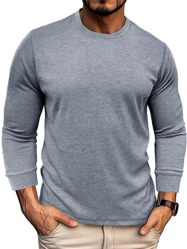 Men's Round Neck Waffle Solid Color Basic Long Sleeved Sweatshirt