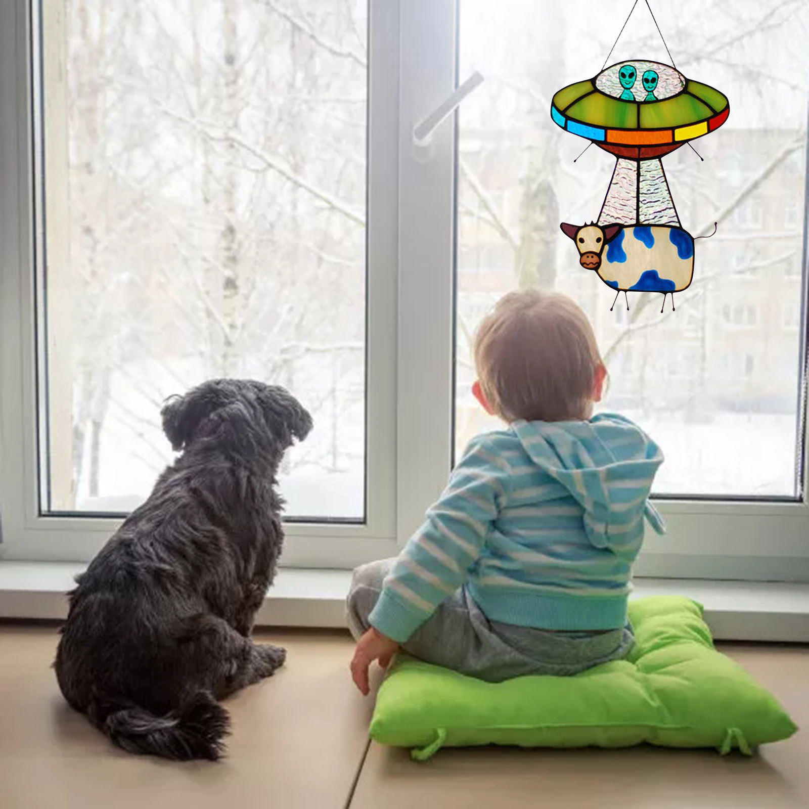 Alien and Cow Stained Suncatcher Window Panel