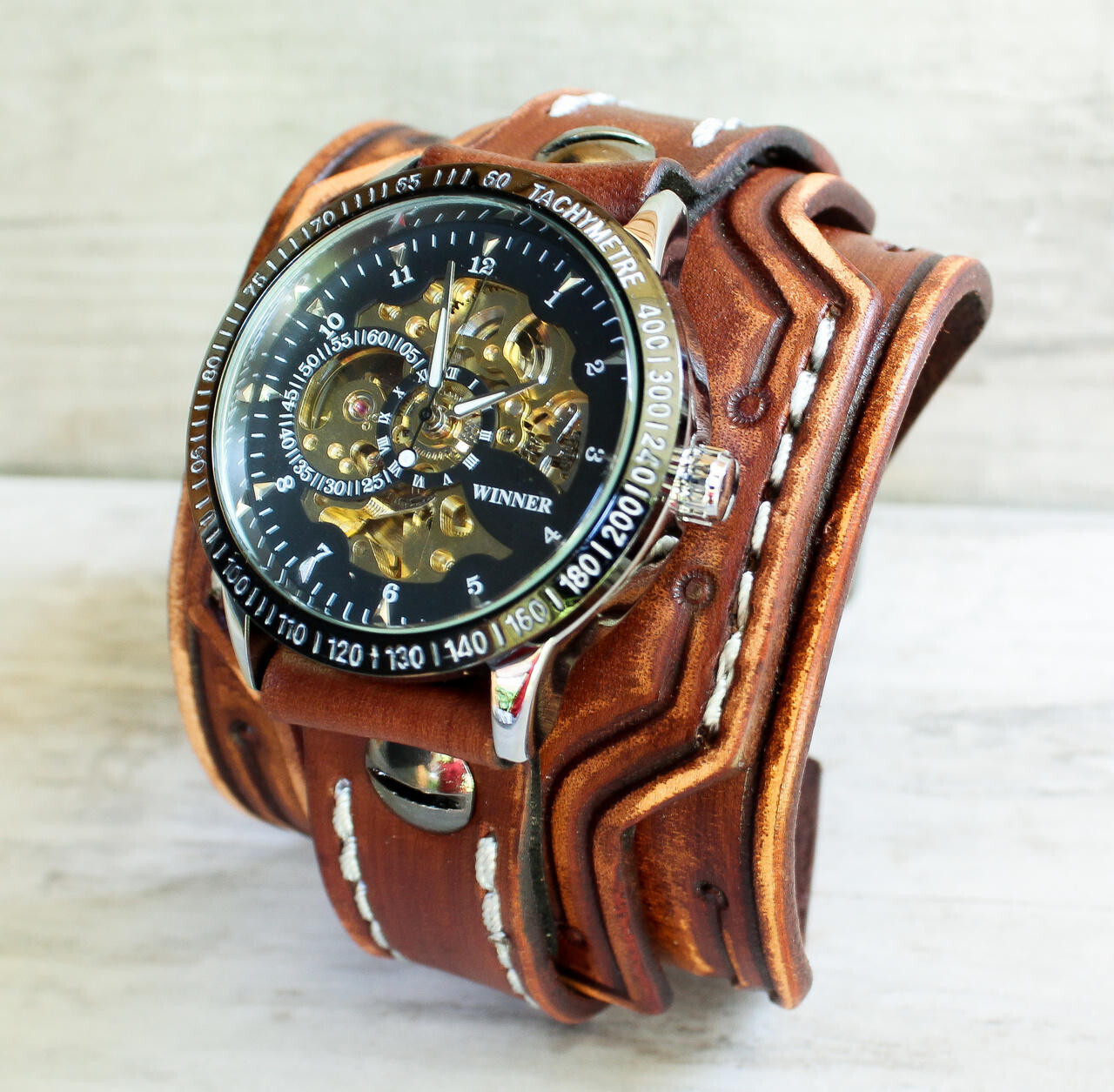 Leather Cuff Watch With Steampunk Watch