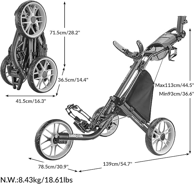 CaddyTek 3 Wheel Golf Push Cart - Foldable Collapsible Lightweight Pushcart with Foot Brake