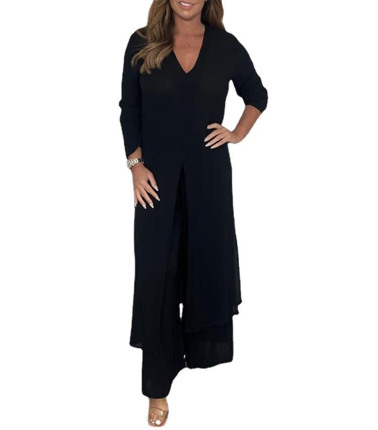 All-Match Slim Look Casual Long Top And Matching Trousers Two-Piece Suit