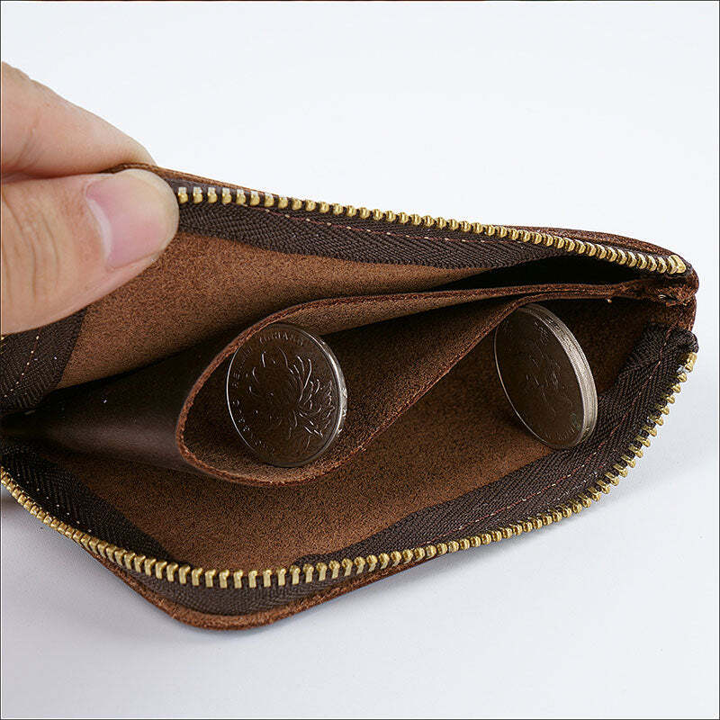 Vintage Genuine Leather Slim Zip Wallet Crazy Horse Leather Coin Purse