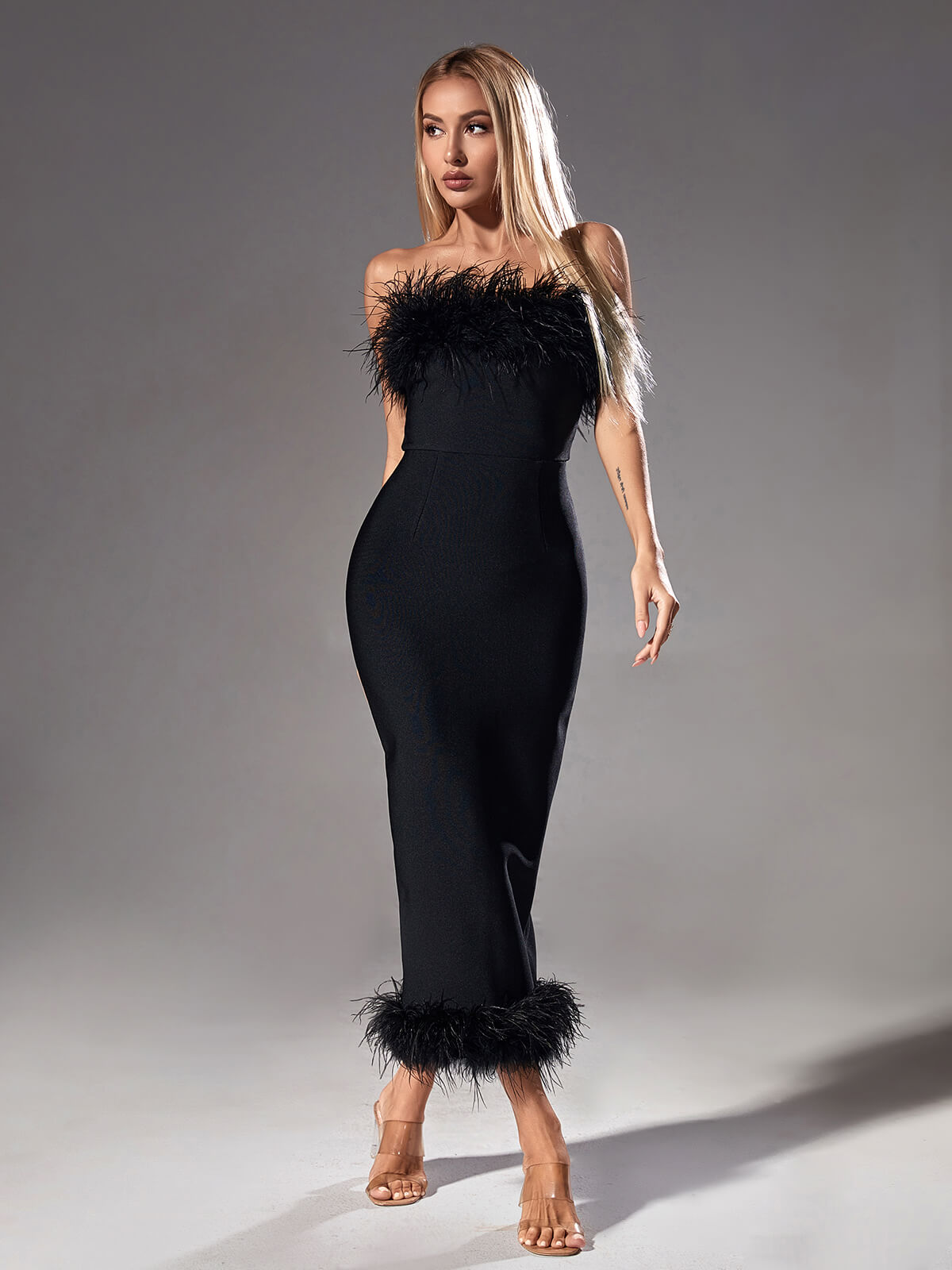 Salome Strapless Feather Trimmed Bandage Dress In Black