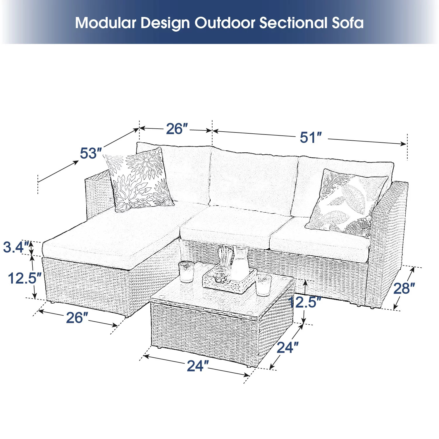 MF Studio 3 Pieces Outdoor Sectional Sofa Set Wicker Patio Furniture Conversation Set