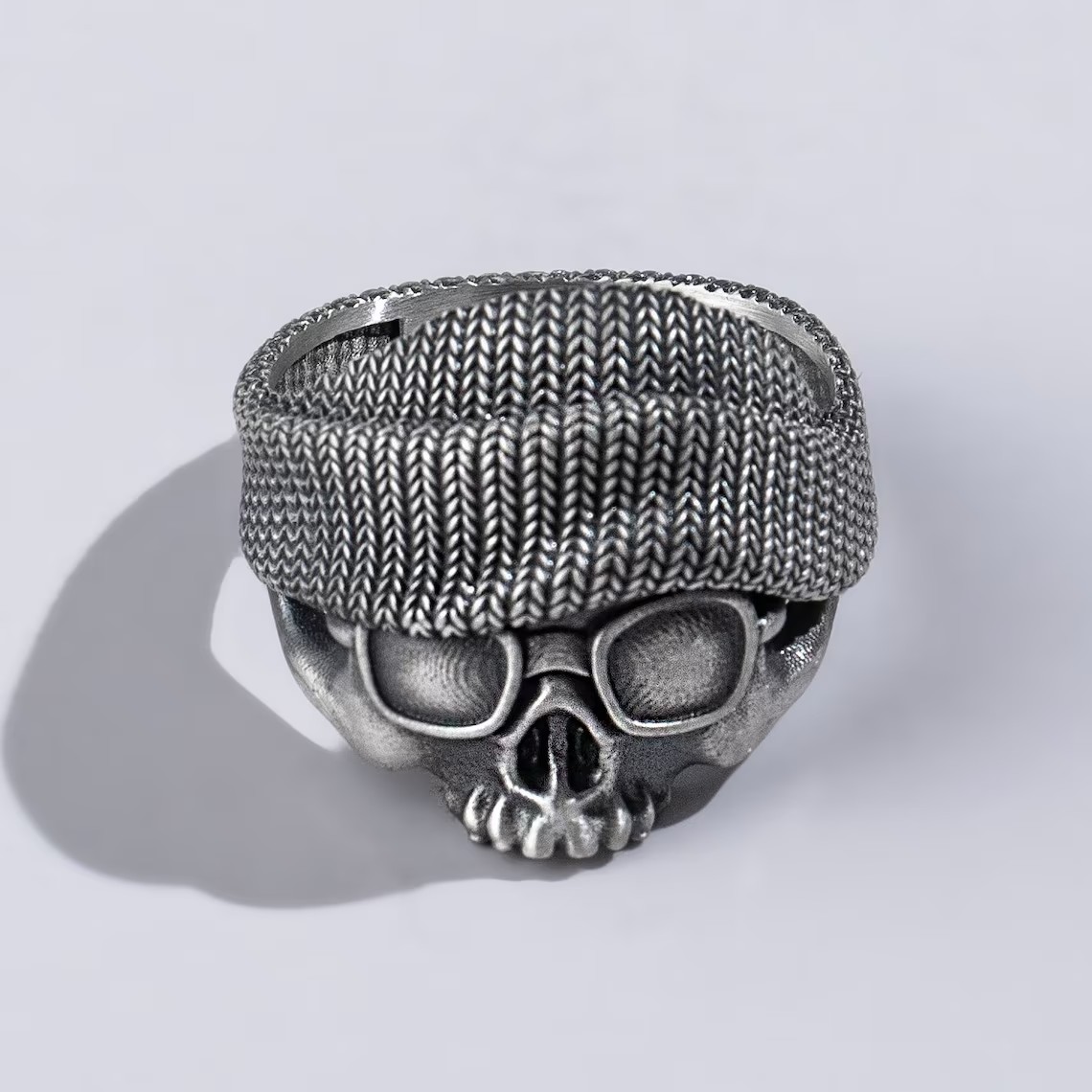 Cool Skull with Beanie Silver Biker Ring For Men, Fantasy Punk Gothic Ring to Husband, Engraved Pinky Ring, Silver Men Jewelry, Family Gift