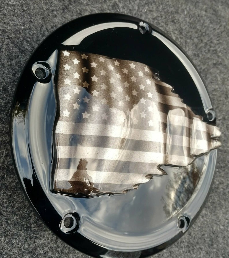 American flag tattered with a black and white theme Harley Davidson derby clutch cover