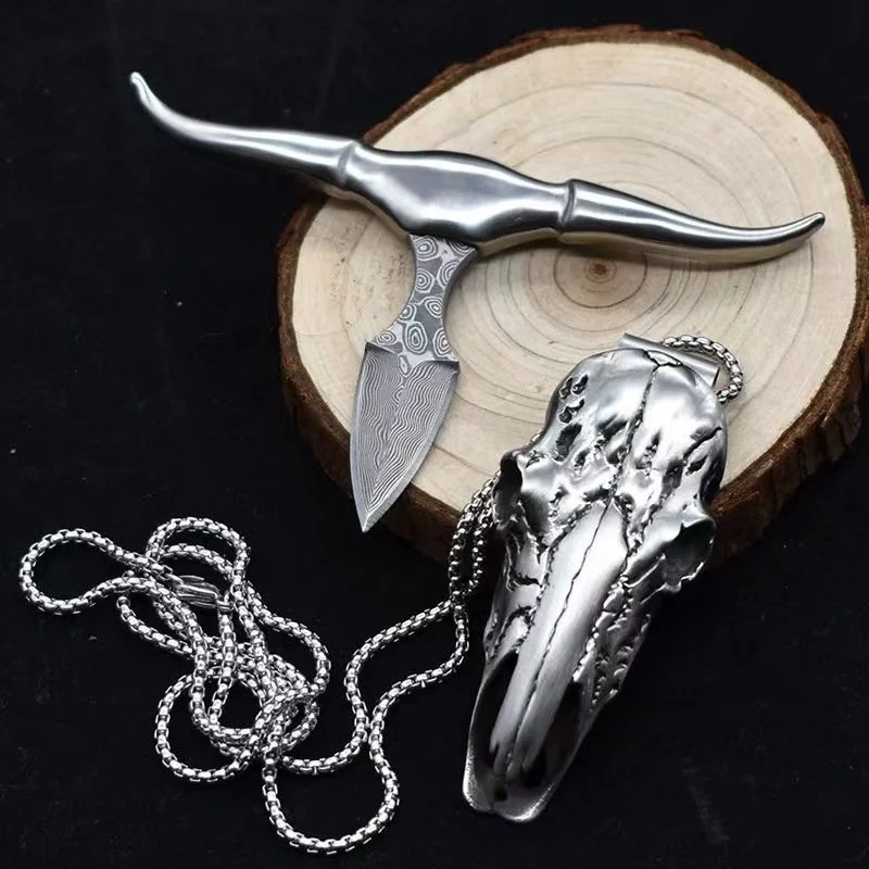 Western Style Damascus Long Horn Dagger Necklace