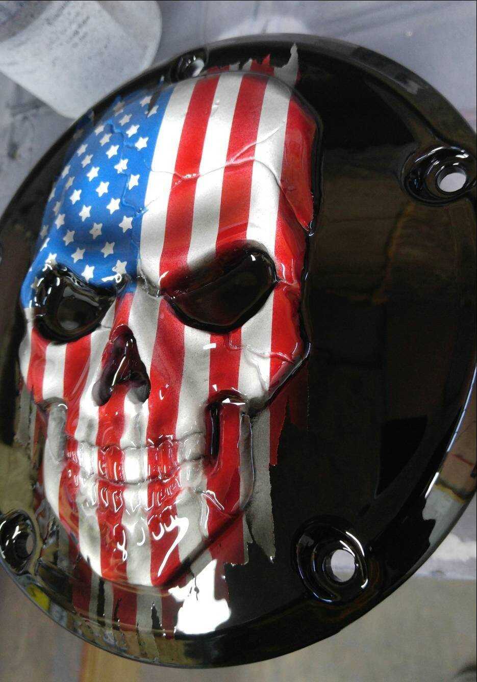 Harley Davidson Points Timing And Derby Clutch Cover With 3D Skull With A Tattered American Flag
