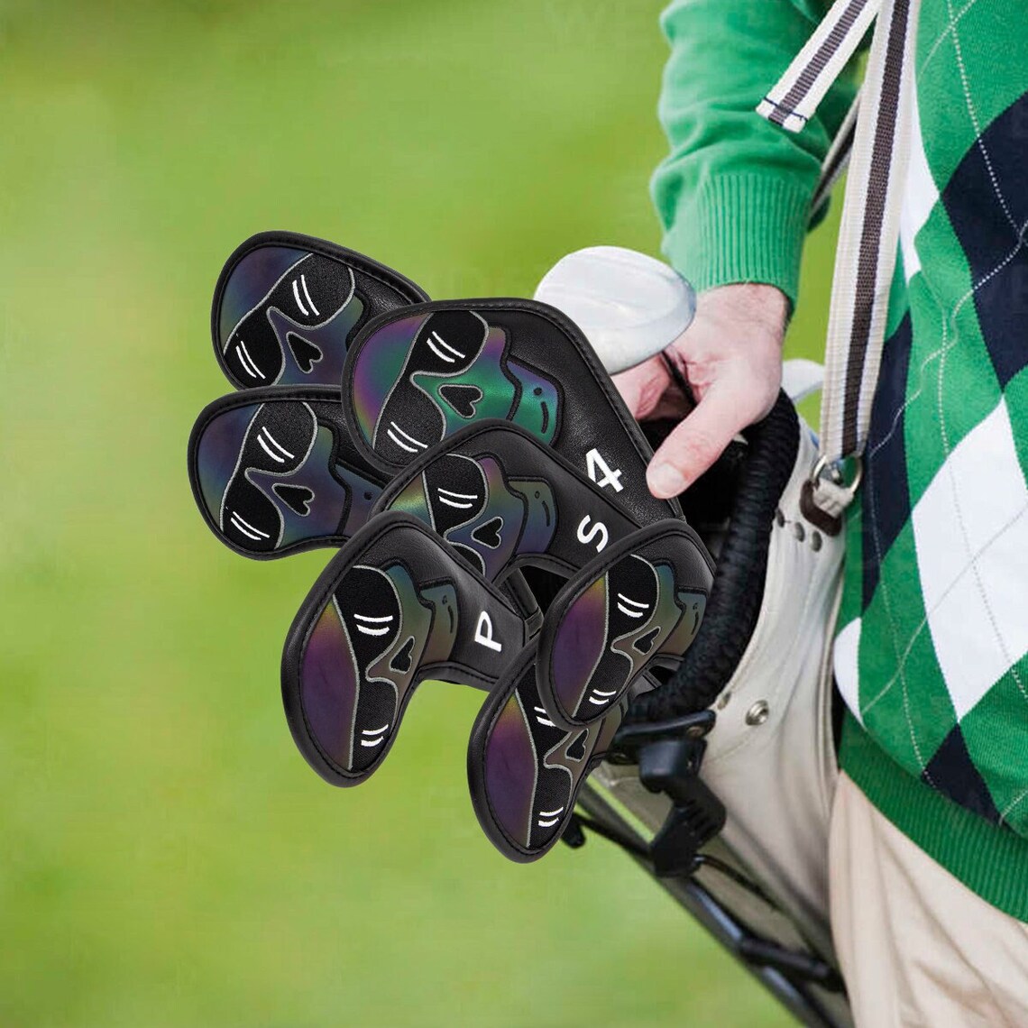 10pcs Skull Black Leather Golf iron head covers set, Club Iron headcover, Golf iron club cover