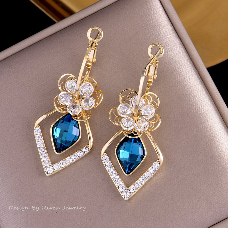 💖2022 Best Gift- 40% OFF🌹Flower Zircon Rhombic Sapphire Drop Earrings