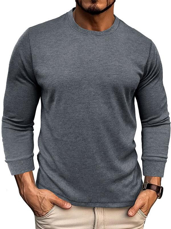 Men's Round Neck Waffle Solid Color Basic Long Sleeved Sweatshirt