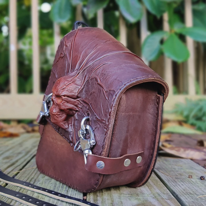 Handcrafted Leather Motorcycle Saddlebag With Embossed Skull Design