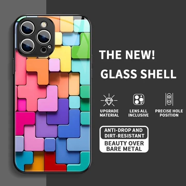 Flat 3D Square Pattern Glass Case Cover Compatible with iPhone