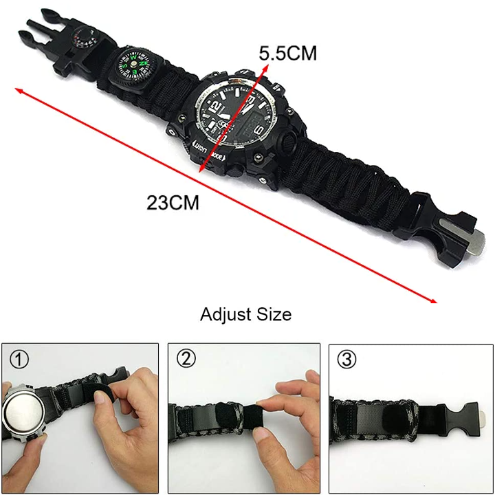 6-IN-1 Survival Military Digital Watch - Waterproof Sports Dual Dial Watches with Compass Paracord Band