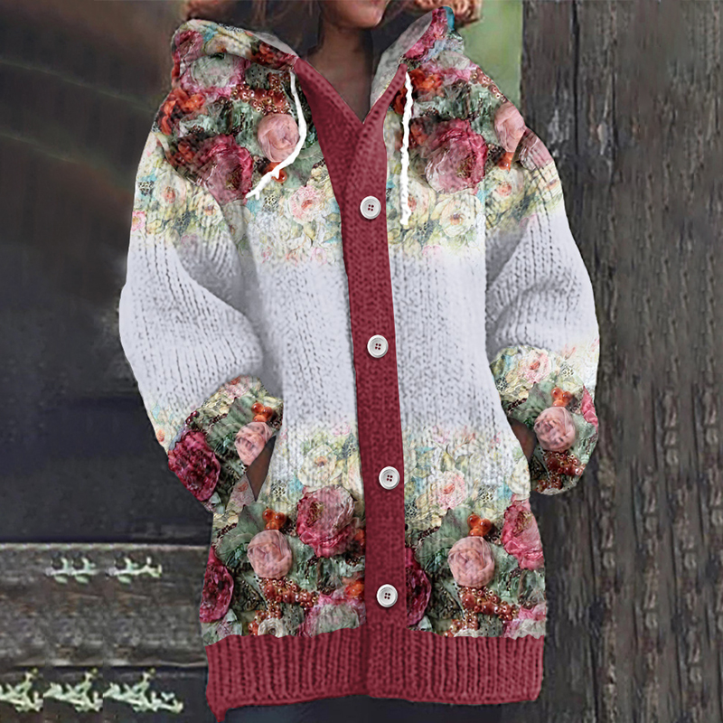 Floral Print Long Sleeve Knitted Hooded Cardigan