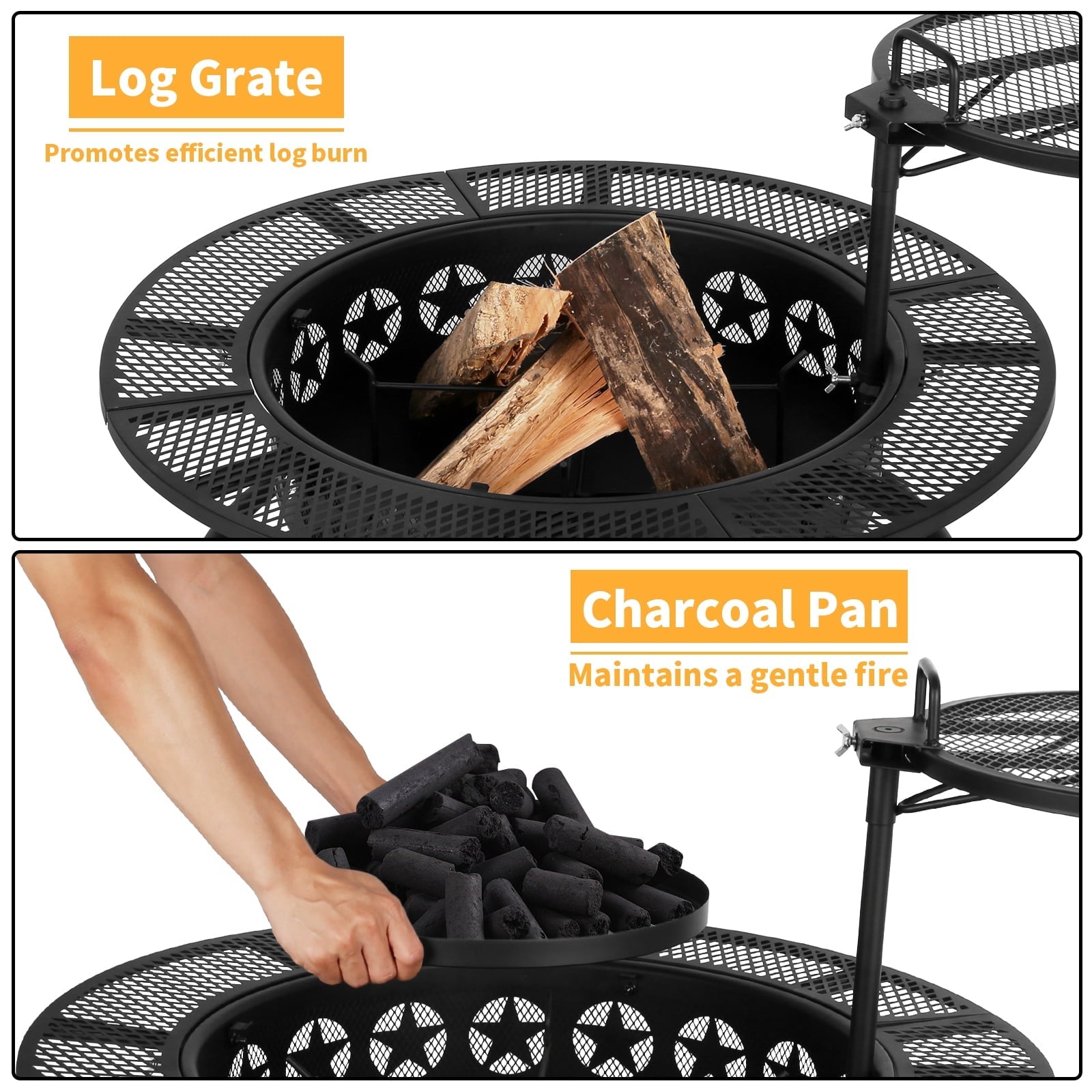 Hykolity 35 Inch Fire Pit with Cooking Grate & Charcoal Pan, Outdoor Wood Burning BBQ Grill