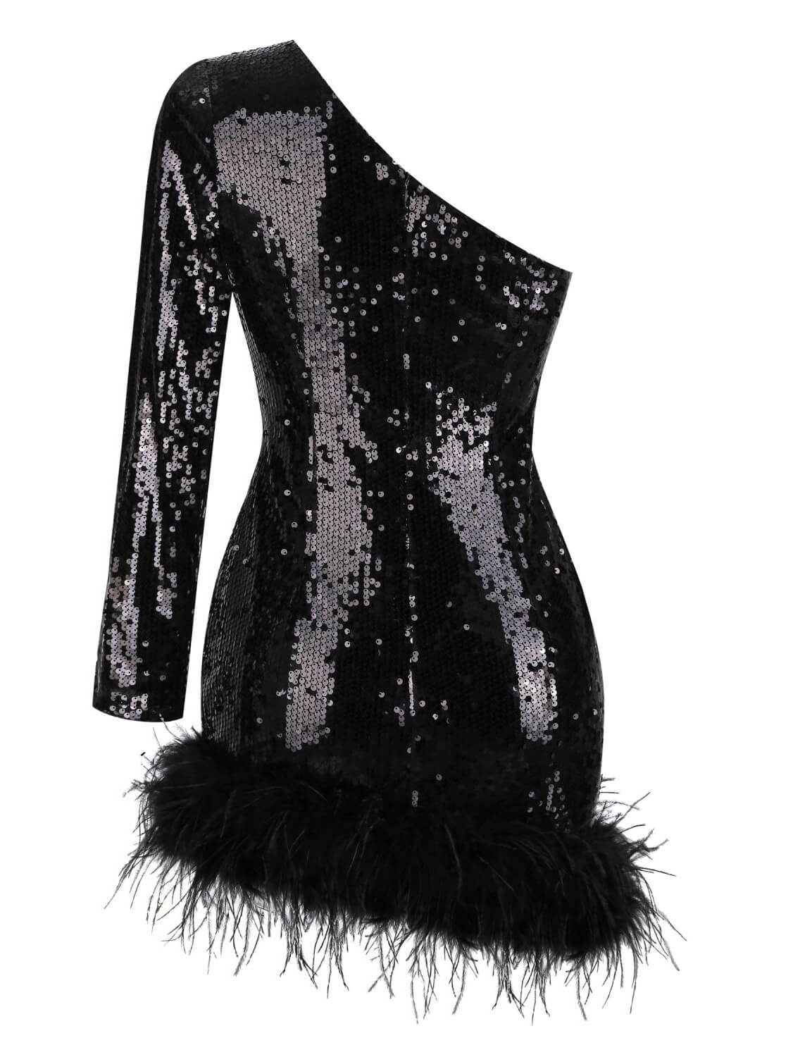 Romy One Shoulder Sequin Feather Mini Dress