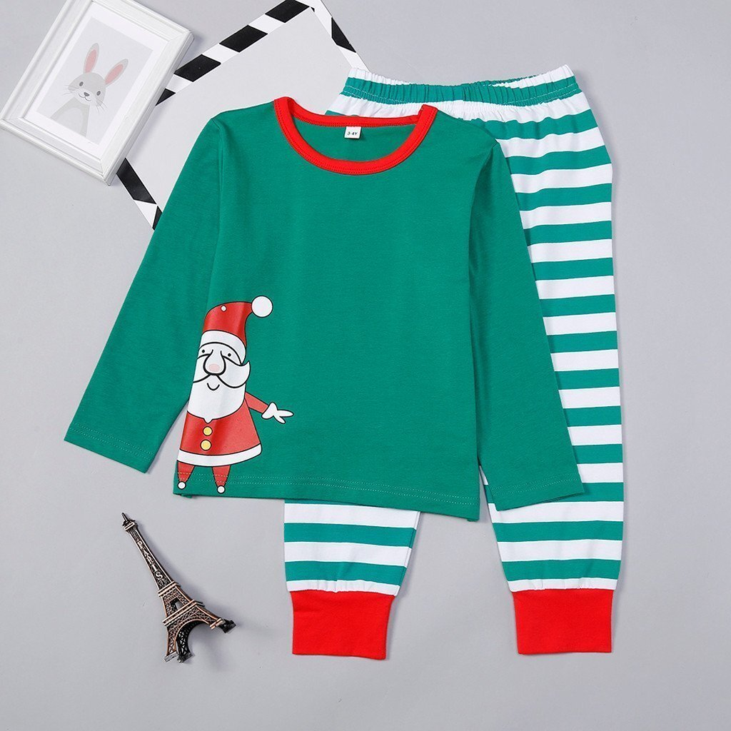 Family Matching Santa Top and Striped Pants Christmas Pajamas Set