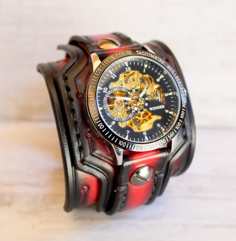 Men's Steampunk Waterproof Red Wrist Watch