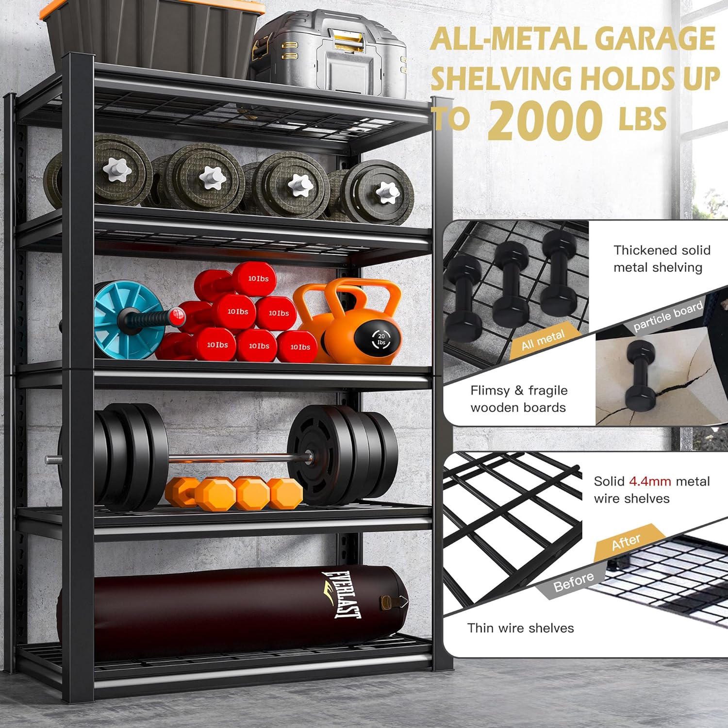 REIBII Garage Shelving Heavy Duty Storage Shelves Holds 2000LBS 5-Tier