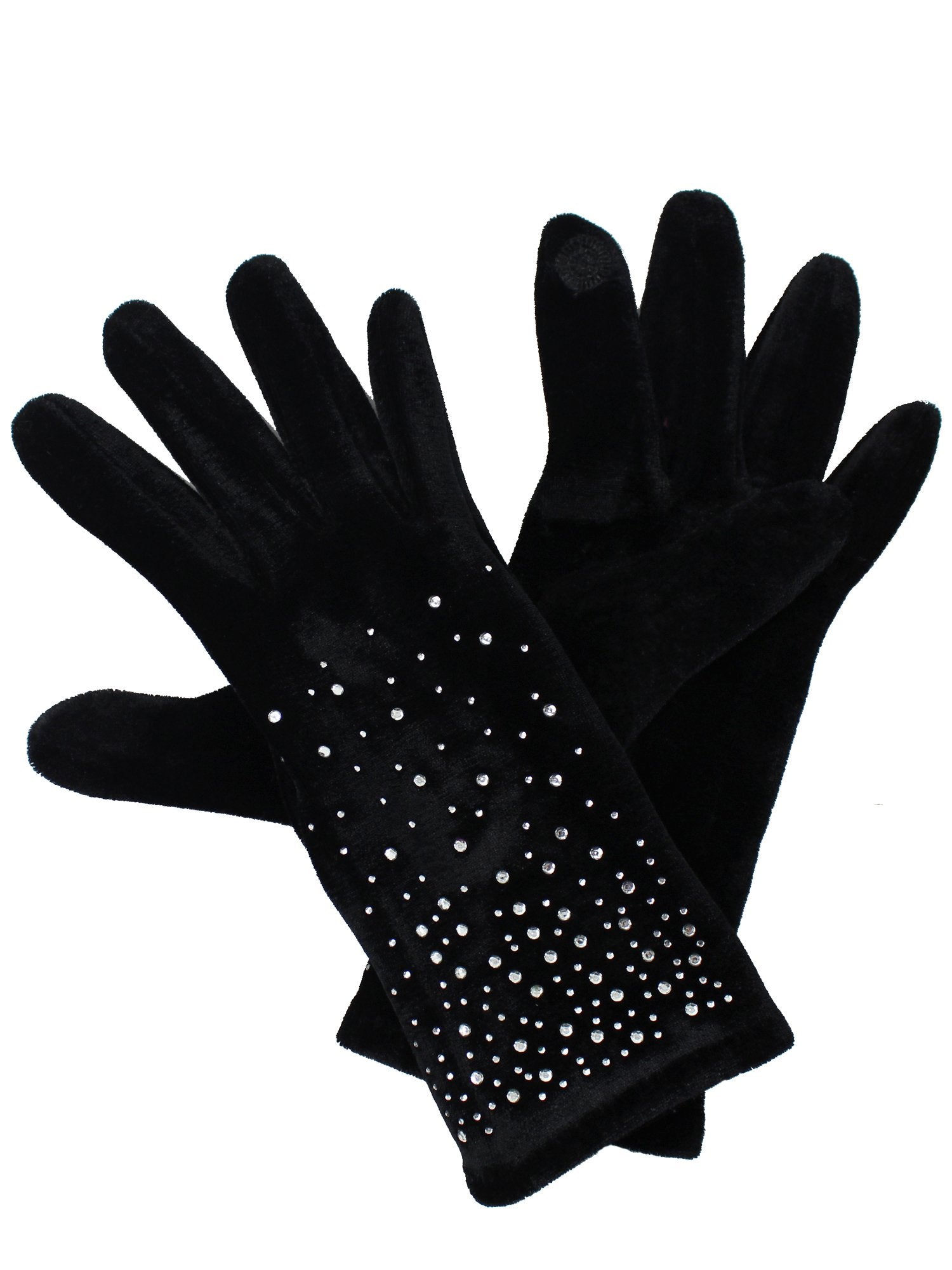 Black Velvet Smart Texting Gloves With Rhinestones