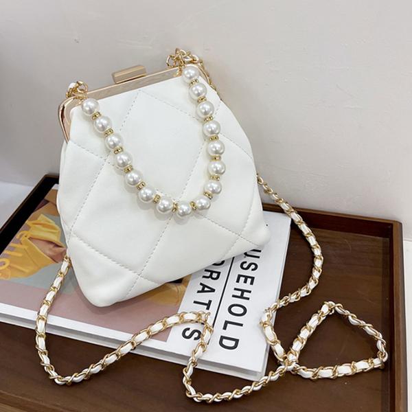 Chicinskates Pure Color Soft Surface Lock Pearl Chain Bag