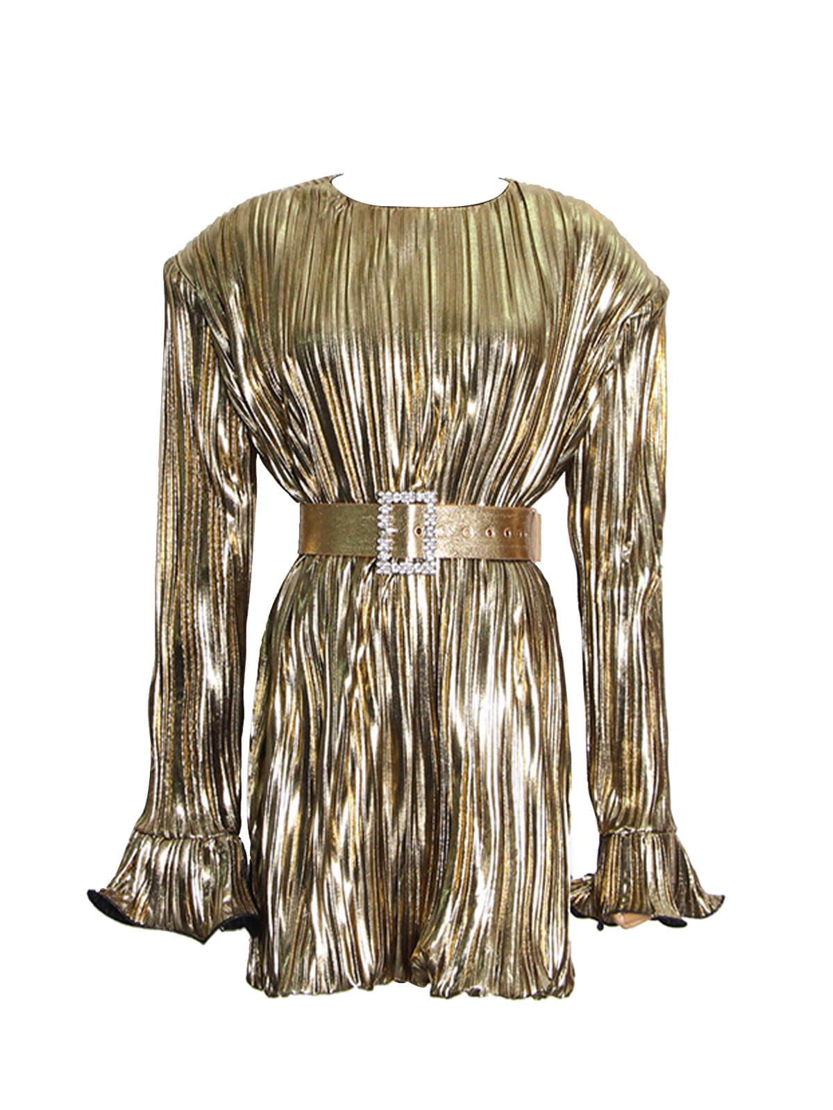 Cerelia Long Sleeve Buckled Mini Dress In Gold