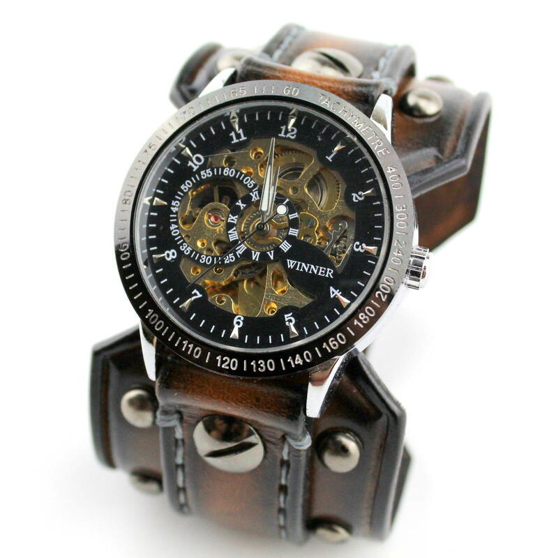 Steampunk Riveted Leather Cuff Watch In Aged Brown Color
