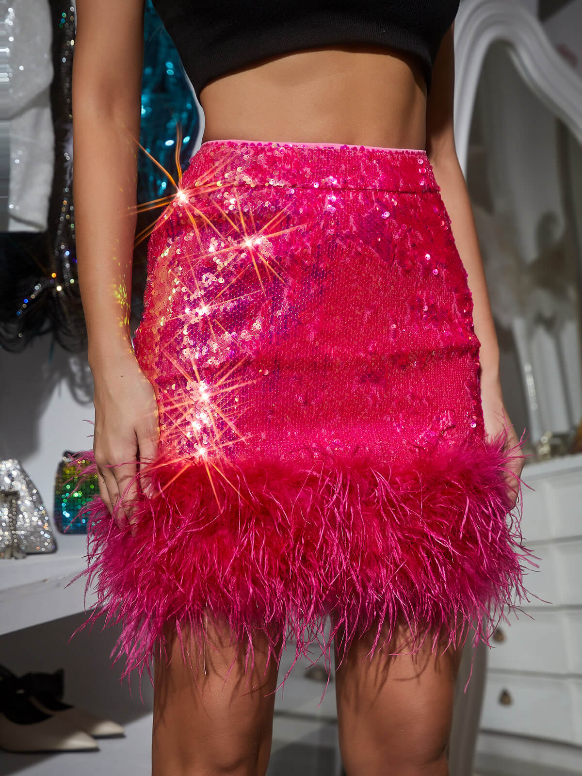 Kiara Sequin Feather Skirt In Hot Pink