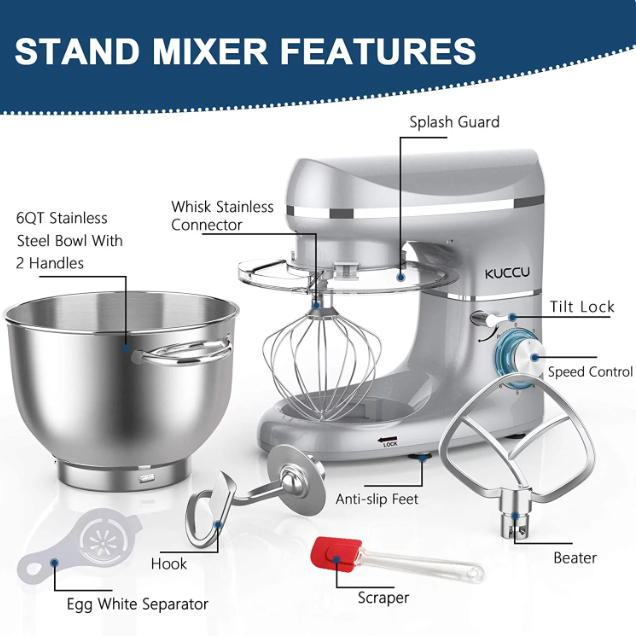 Kuccu Stand Mixer 6 Qt 660W 6-Speed Tilt-Head Food Dough Mixer, Kitchen Electric Mixer