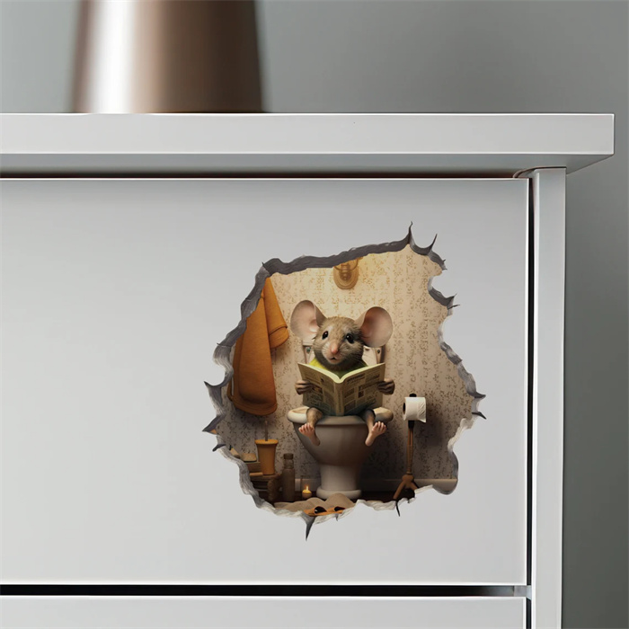 Mouse Sitting on Toilet - Mouse Hole 3D Wall Sticker