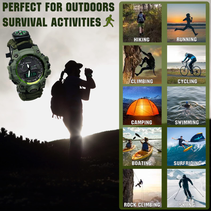 6-IN-1 Survival Military Digital Watch - Waterproof Sports Dual Dial Watches with Compass Paracord Band