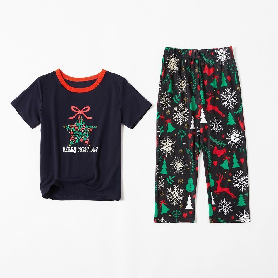 Merry Christmas Snowman Reindeer Print Short-sleeve Top and Pants Family Matching Pajamas Set