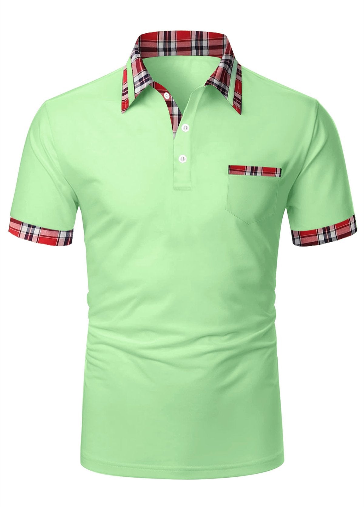 Men's Plaid Pocket Contrasting Color Button Pullover Short Sleeve Casual Comfortable Polo Top
