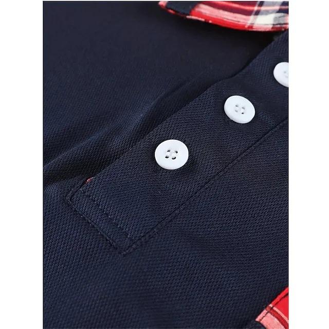 Men's Plaid Pocket Contrasting Color Button Pullover Short Sleeve Casual Comfortable Polo Top