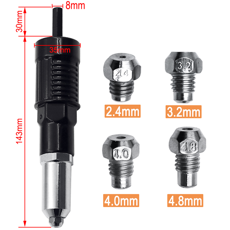 DEPRO Professional Rivet Gun Adapter Kit with 4Pcs Different Matching Nozzle Bolts